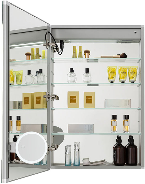 Left-Hinged 36" High, with 4 interior shelves and flip-out magnifying makeup mirror.