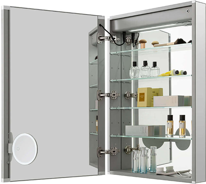 Left-Hinged 36" High, with 4 interior shelves and flip-out magnifying makeup mirror.