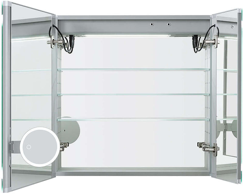 Interior View - with Flip-out magnifying makeup mirror visible.  30" x 30".  36" High cabinets have 4 shelves.