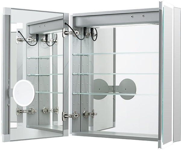Aquadom Edge Royale Offset 2-Door Medicine Cabinet, doors open, with inside 3x LED-lighted Makeup Mirror - Height Adjustable
