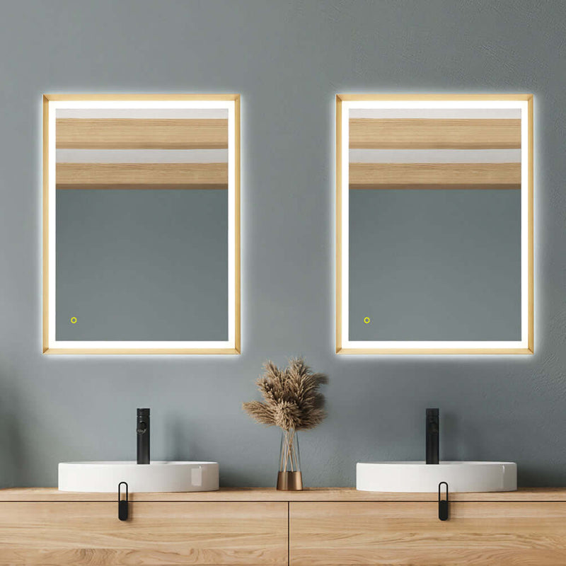 Two Apollo Brushed Gold Frame LED Mirrors, 30" x 36" High