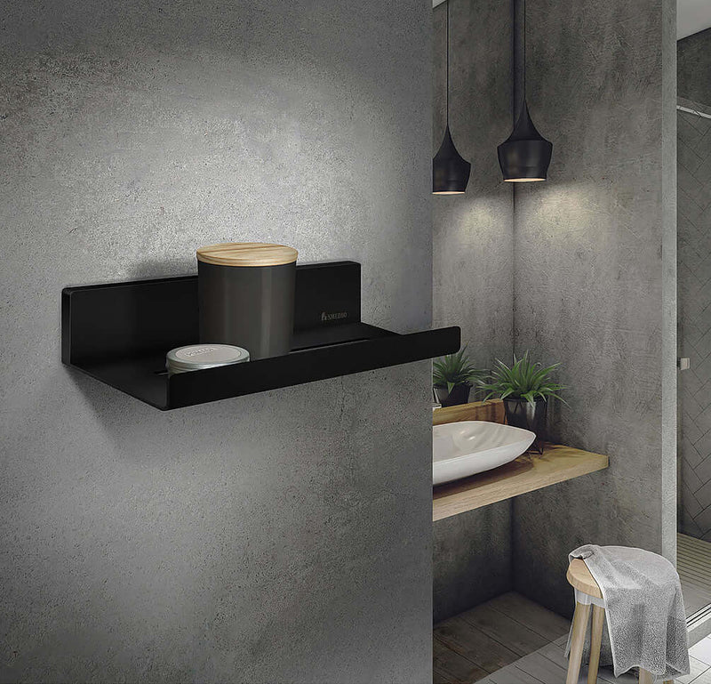 Matte Black or Polished Chrome finished Stainless Steel permanent mount shower shelf.