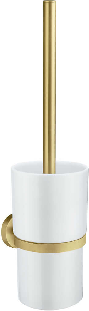 Smedbo Home Collection Solid Brass Toilet Brush Set, Wall-Mount or Floor Standingr, Brushed Brass with Porcelain Rece3ptacle