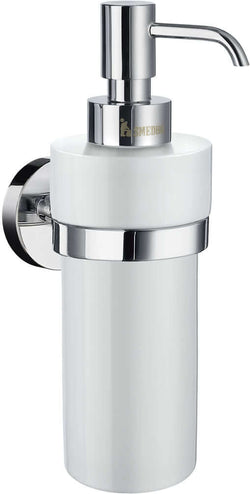 Home Collection Soap Dispenser with Porcelain "jar" in Polished Chrome wall-mounted holder.