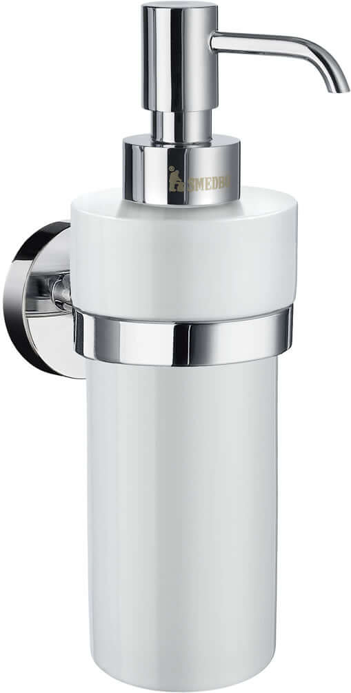 Home Collection Soap Dispenser with Porcelain "jar" in Polished Chrome wall-mounted holder.