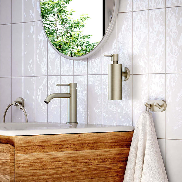 Brushed Nickel Soap Dispenser, Double Hook, and Towel Ring - The Smedbo Home Collection