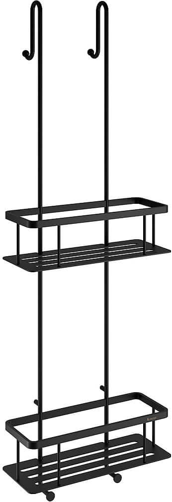 Matte Black hanging double Shower Basket by Smedbo is 30" tall x 9.8" wide.  Plenty of room for tall bottles.