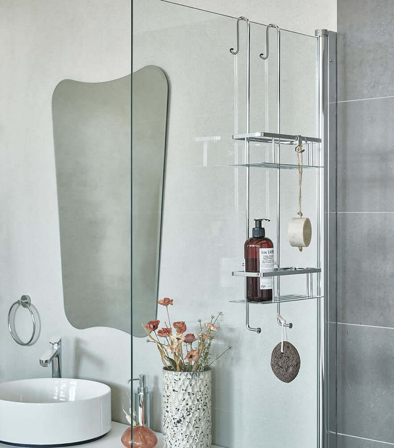 Double shower basket in Polished Chrome by Smedbo is 30" tall - designed to hang over glass.