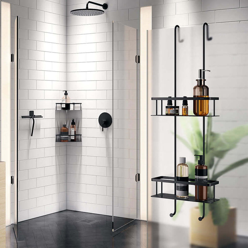 Double shower basket in Matte Black by Smedbo is 30" tall - designed to hang over glass.