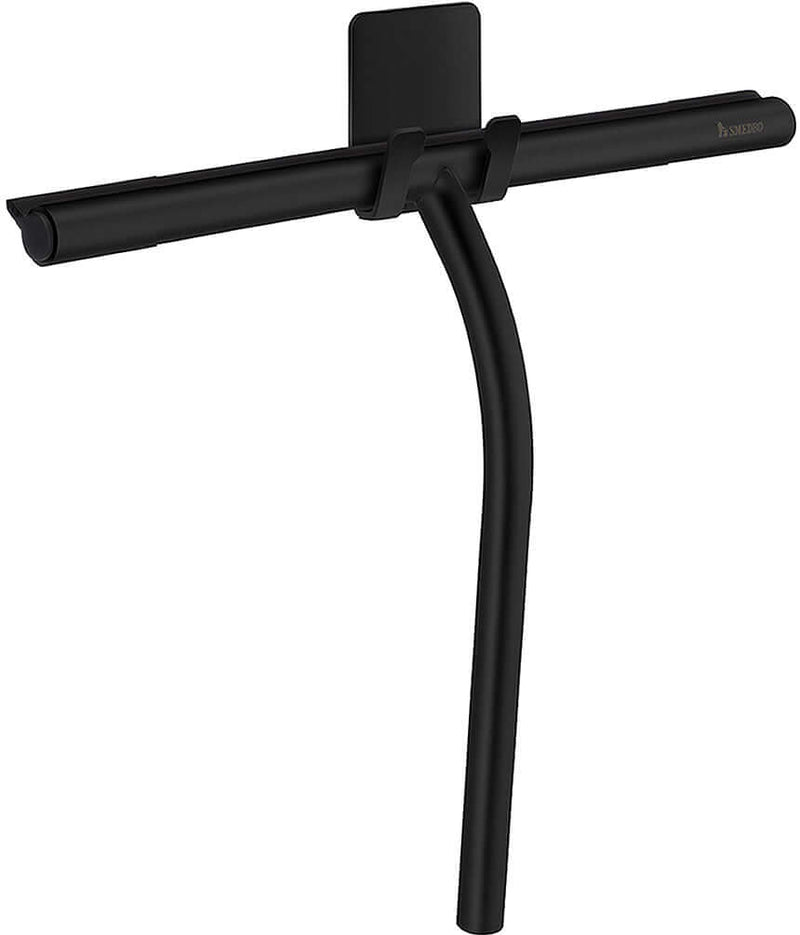 Matte Black Smedbo Sideline 9.5" Squeegee with included self-adhesive hook.  All-silicone blade and stainless steel construction.