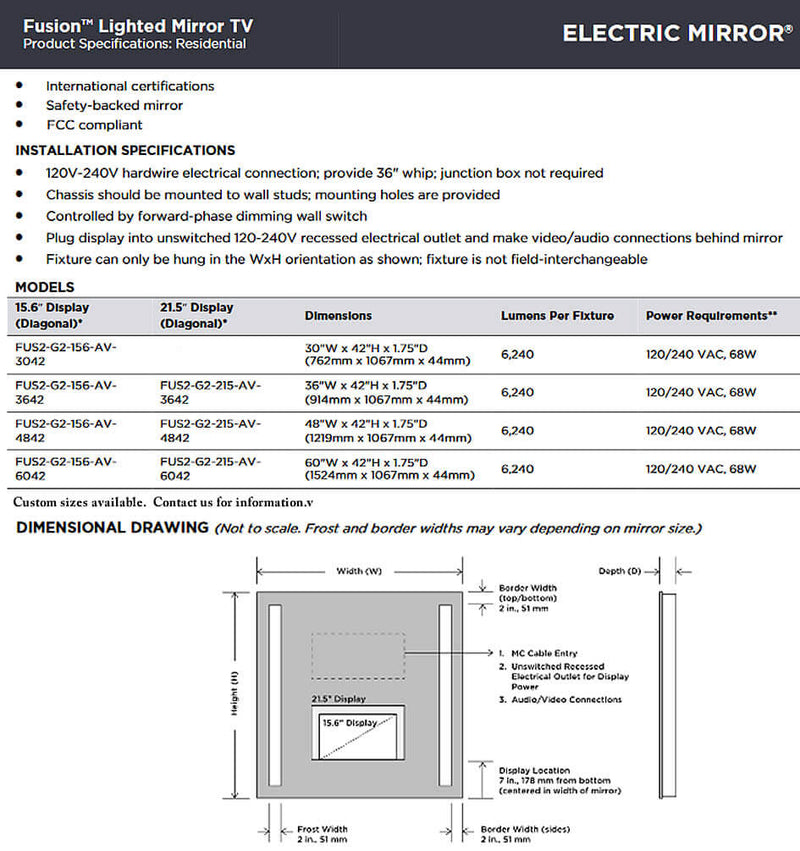 Electric Mirror Fusion Mirror TV Specifications