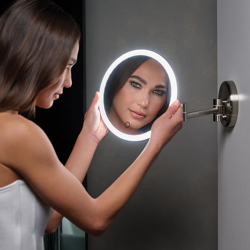 Ilios cordless 5x Makeup Mirror extended out to 13.5" from the wall.