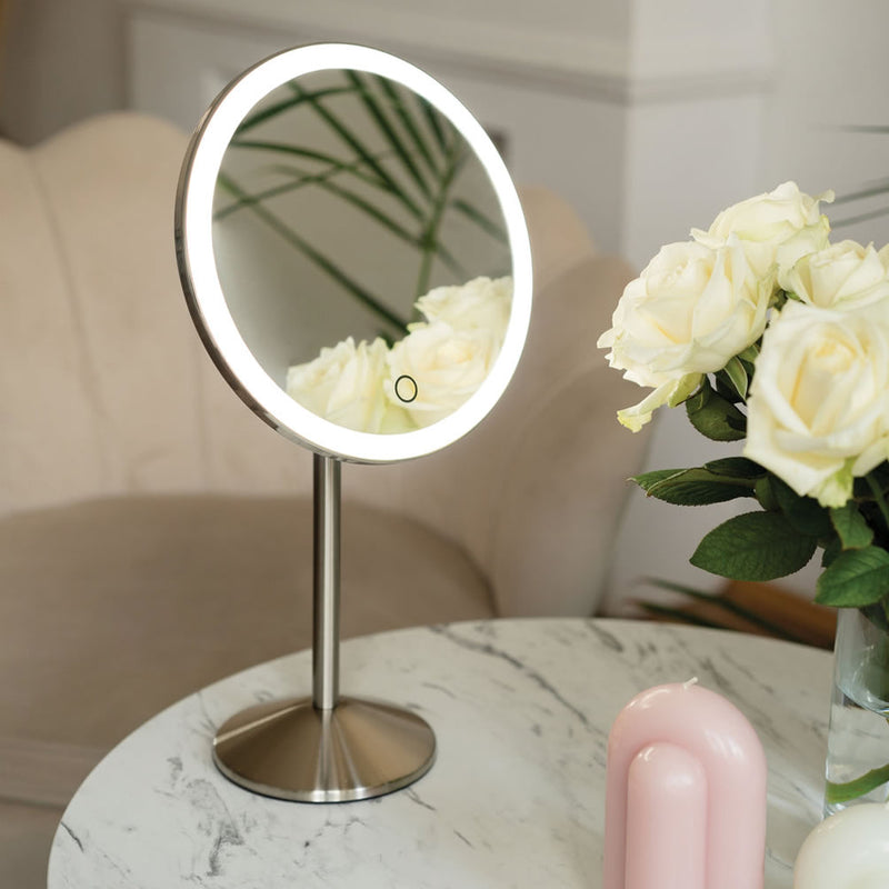 Free-Standing Cordless Makeup Mirror has 5 dimming levels and 3 color modes.