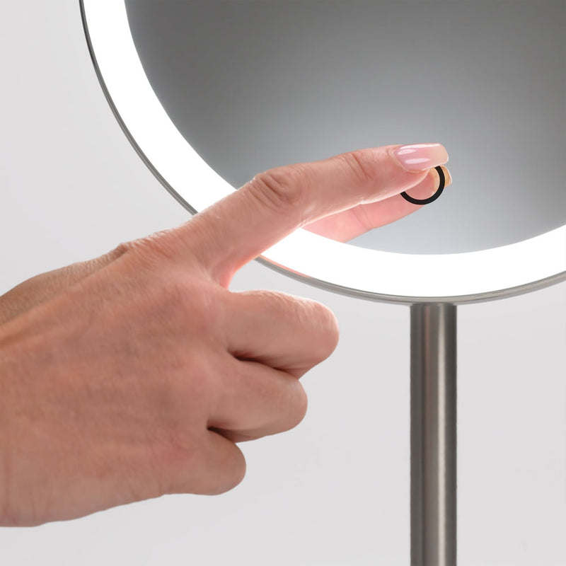 Free-Standing Cordless Makeup Mirror has touch sensors for 5 dimming levels and 3 color modes.