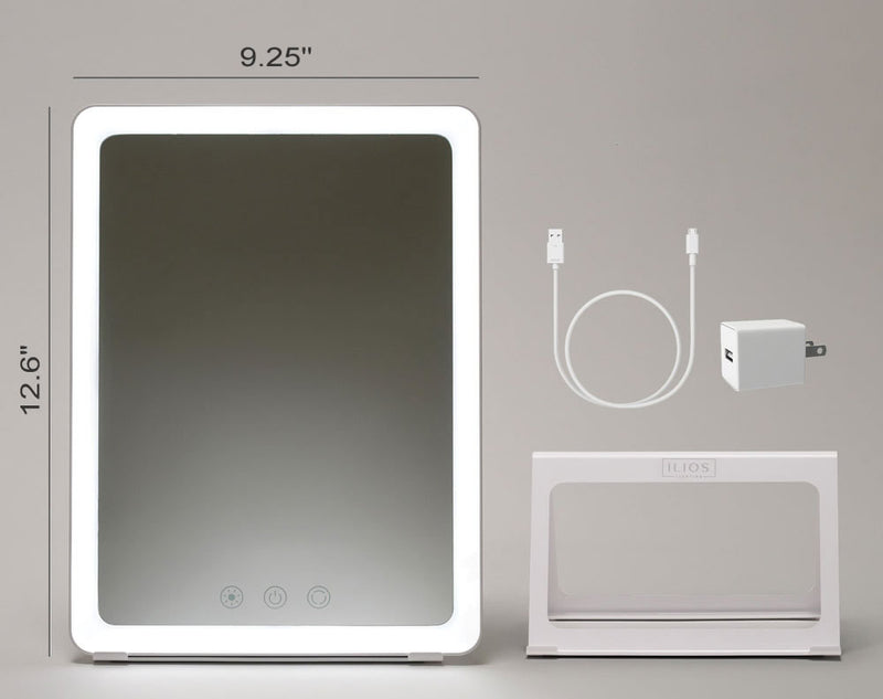 Ilios Slim Mirror dimensions - shown with stand, charger and USB cord.