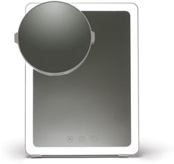 Mount the 5x Magnetic Mirror by Ilios, anywhere on the Slim Ilios Makeup Mirror.