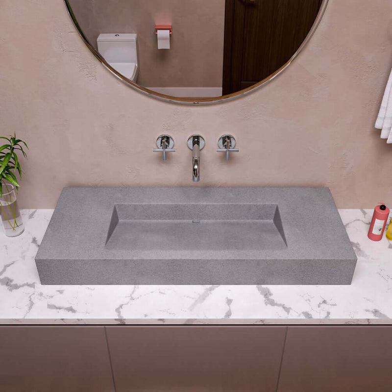 Alfi brand 48" above-mount solid concrete vessel sink with unique drain at the rear center. Pop-up drain included.