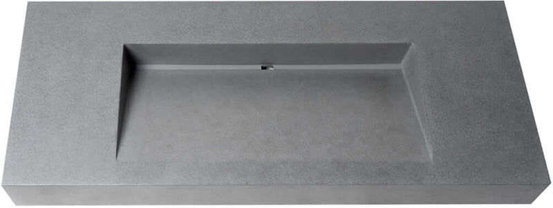 Alfi brand 48" rectangular solid concrete sink with unique drain at the rear center. Pop-up drain included.