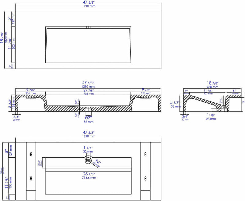 48" Rectangular Sink, Dimensional Drawing