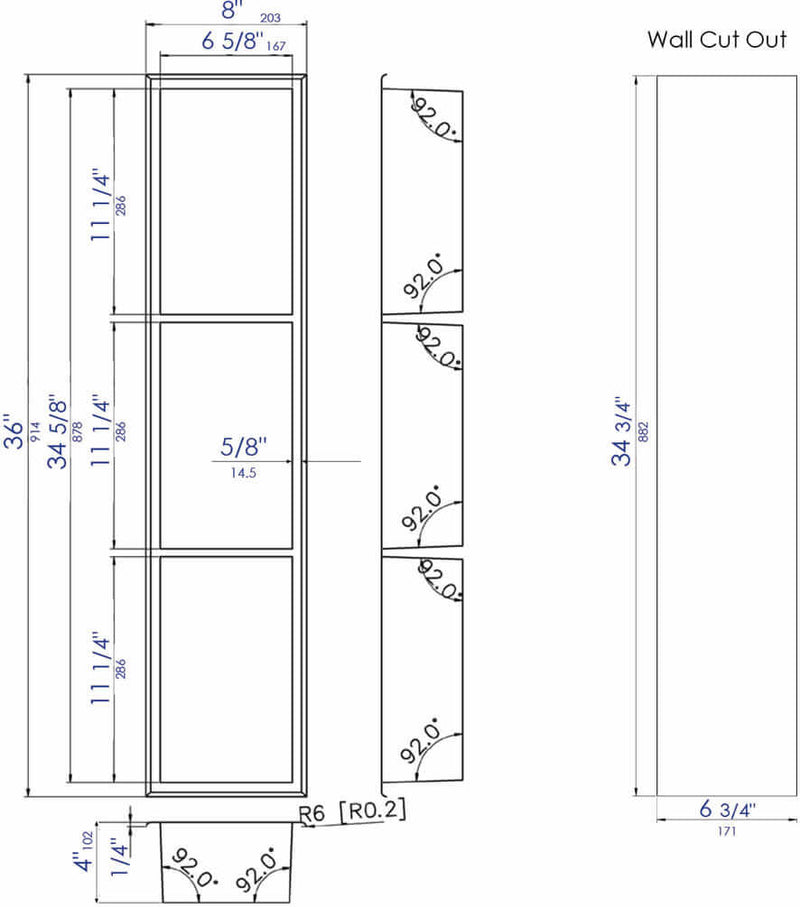Dimensions - Alfi brand Triple Shelf 8 x 36 Shower Niche