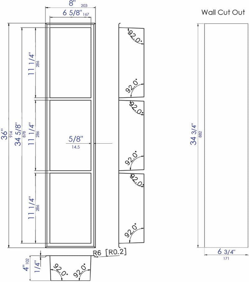 Dimensions - Alfi brand Triple Shelf 8 x 36 Shower Niche