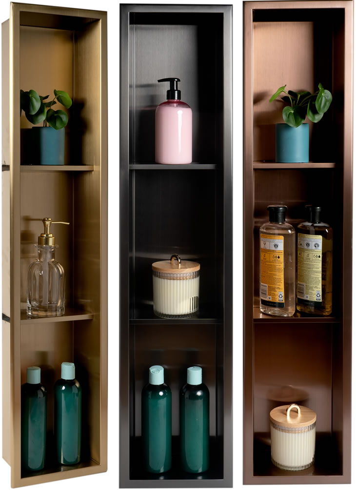 PVD Steel in Brushed Gold, Brushed Black, and Brushed Copper by Alfi brand - 8" x 36" 3-shelf Vertical Niches