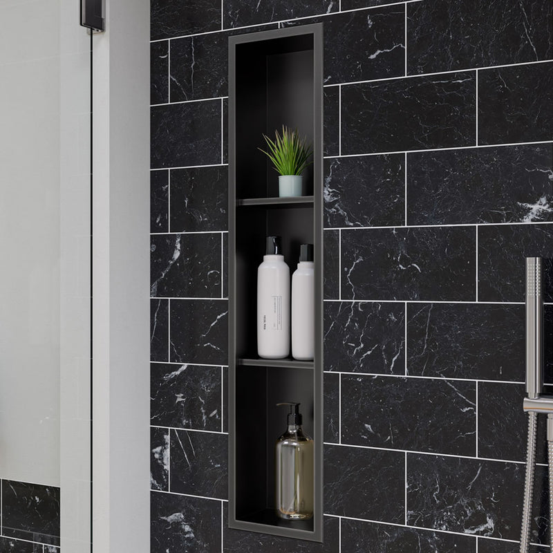 PVD Steel in Brushed Black by Alfi brand - 8" x 36" 3-shelf Vertical Niche