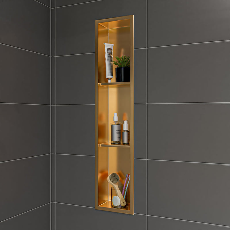 PVD Steel in Brushed Gold by Alfi brand - 8" x 36" 3-shelf Vertical Niche