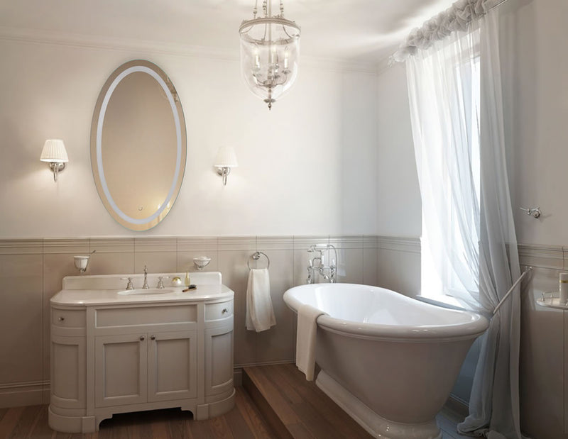 Krugg Icon 24" x 42" Oval Vanity Mirror with 6,000k LED lighting and a CRI of 90+.  Can also be mounted horizontally.