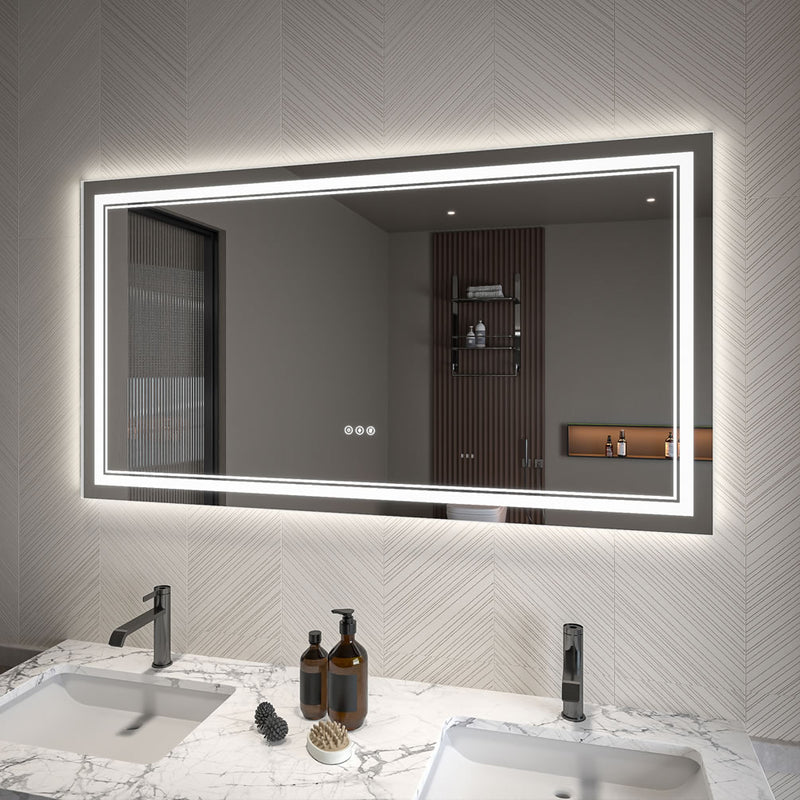 30" x 55" Covington LED Vanity Mirror by  Mirror Luxe - with dimmer and defogger.  Usually mounted horizontally, as shown, but can also be mounted vertically.