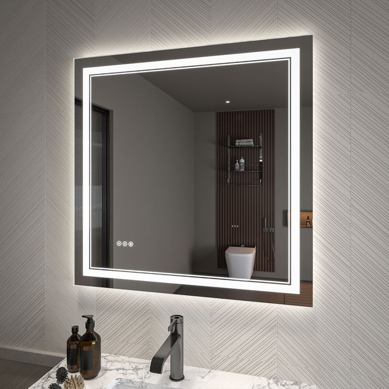 Square-format Covington 36" x 36" LED Bathroom Vanity Mirror with dimmer and switchable LED coloring - 3,000k/4,000k/6,000k.