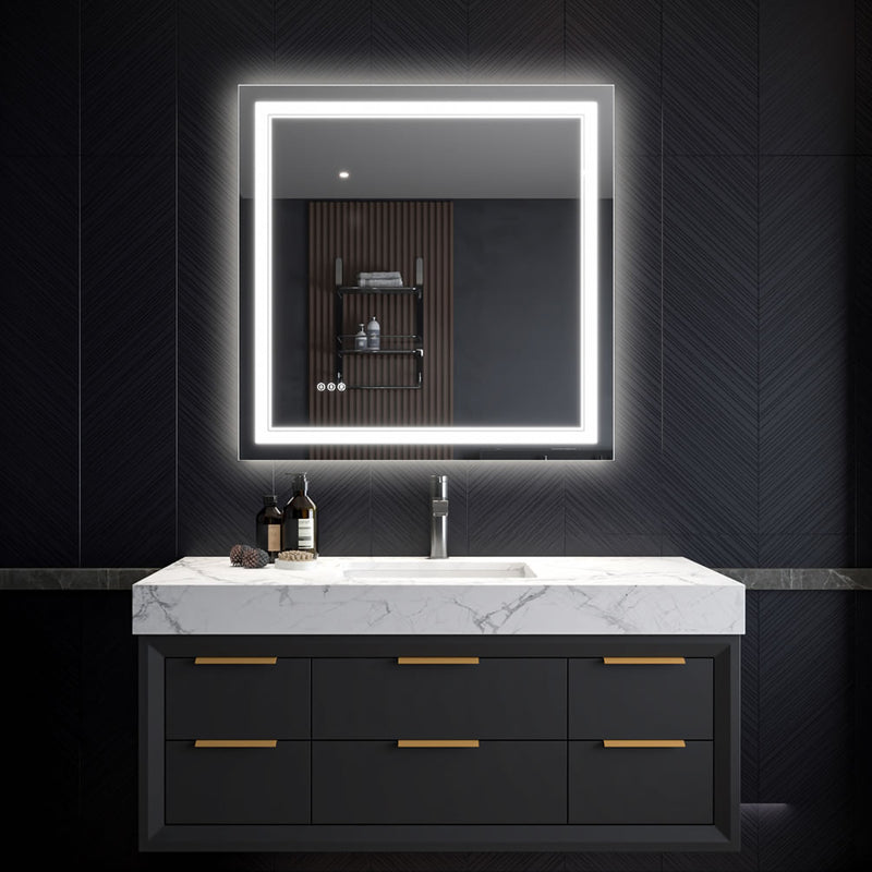 Mirror Luxe Covington 36" x 36" LED Bathroom Vanity Mirror has dimmer and electric fog-free area.