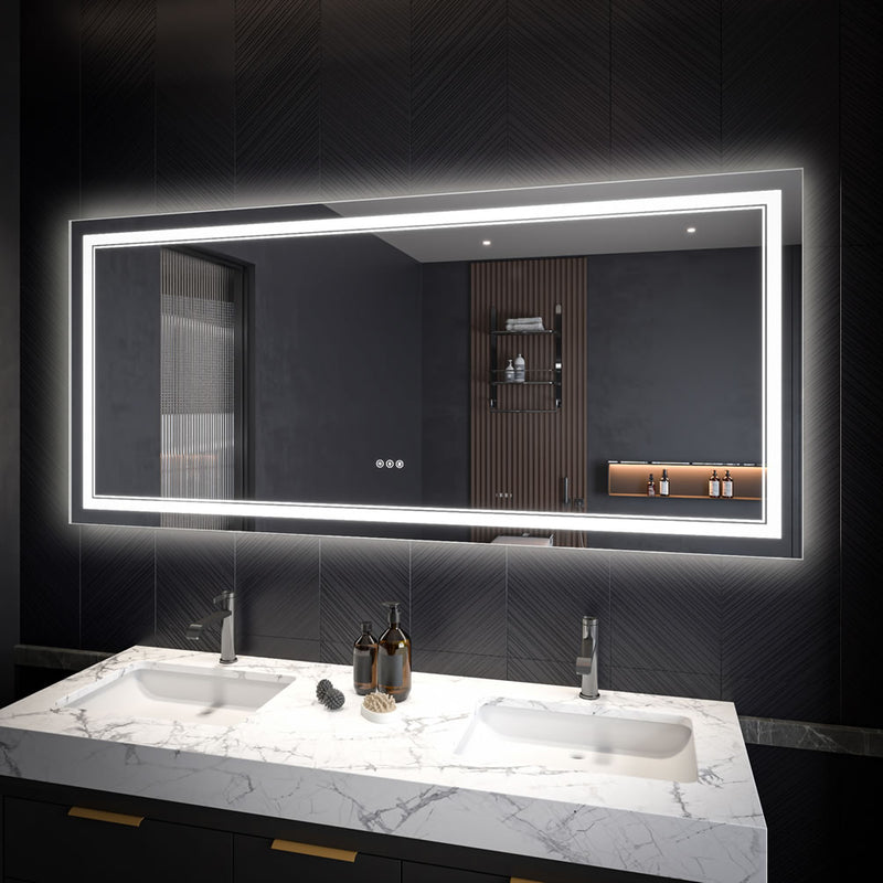 Mirror Luxe Covington 72" Wide Bathroom Vanity Mirror - LED lighted with variable dimmer, color settings, defogger, and memory.