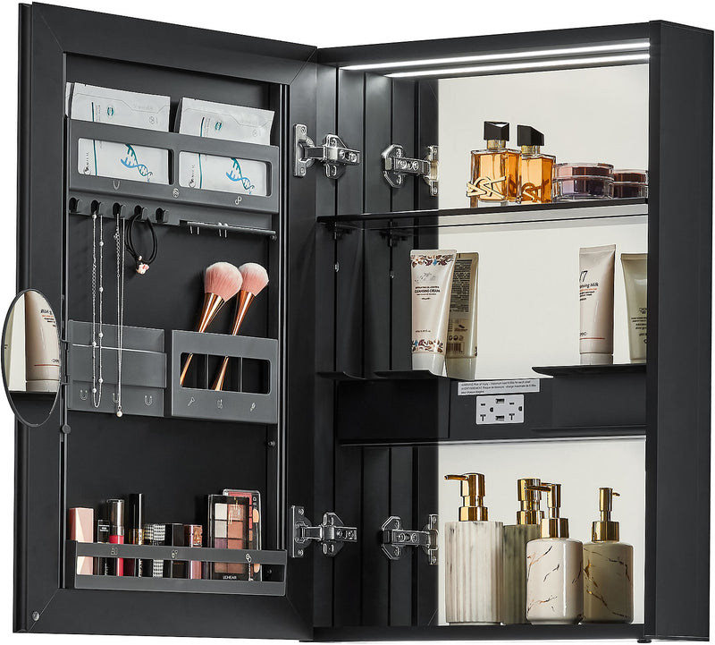 Space saving design with side organizer, concealed storage, and electrical outlet with USB ports.