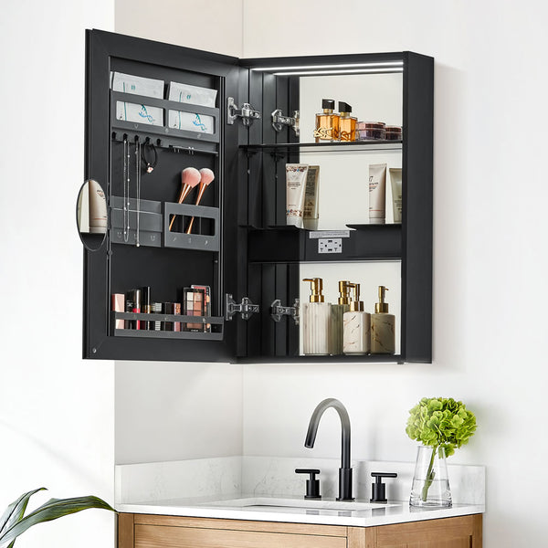 Integrated flip-our 3x makeup mirror is height-adjustable.