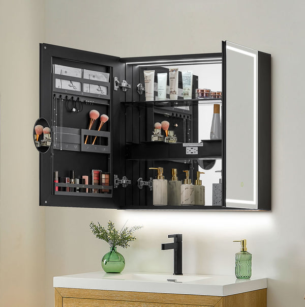 Space-saving features including door-back orgniazer, electrical outlets, USB ports, concealed storage, and a flip-out 3x magnifying makeup mirror.