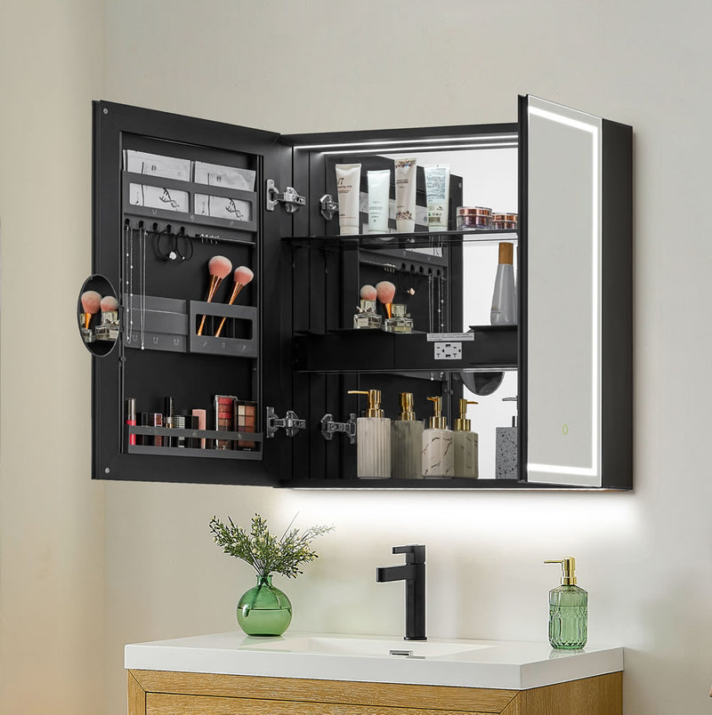 Space-saving features including door-back orgniazer, electrical outlets, USB ports, concealed storage, and a flip-out 3x magnifying makeup mirror.