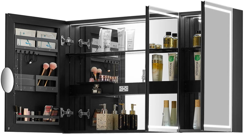 Organizational and space-saving features behind the three mirrored doors, plus a flip-out 3x magnifying makeup mirror.