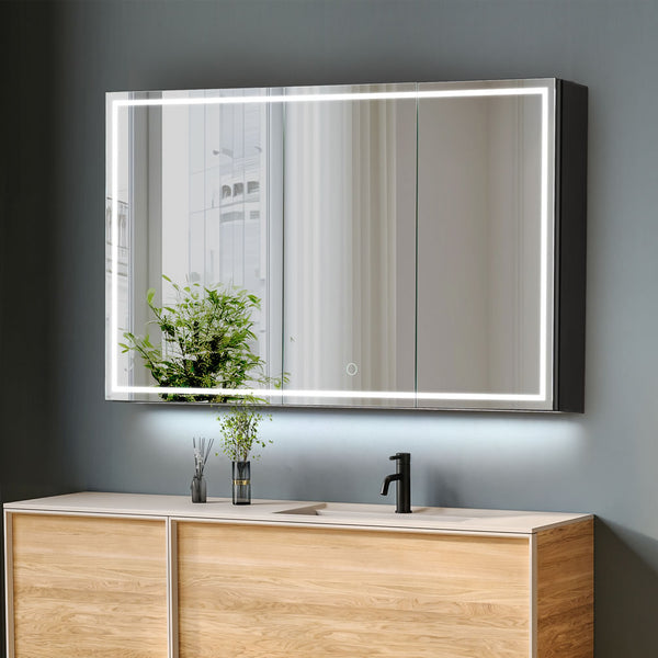 3-Doors on this 48" Wide x 28" High LED Medicine cabinet, LED lighted around the perimeter, beneath the cabinet, and inside.