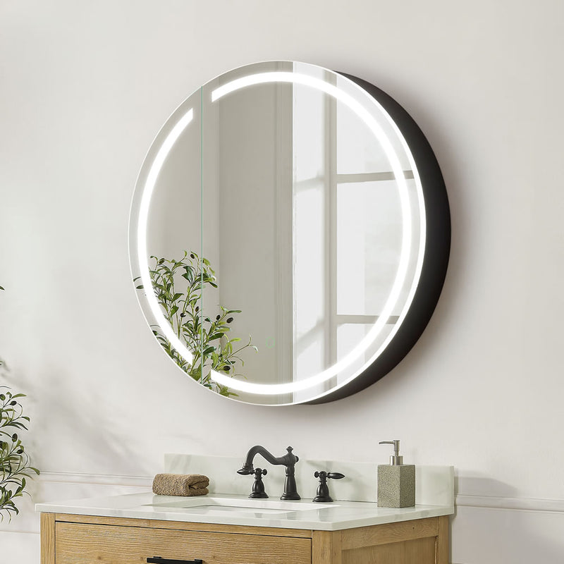 24" Diameter overall, and the door is 17.3" wide overall.  4" Deep.  Surface mount only.