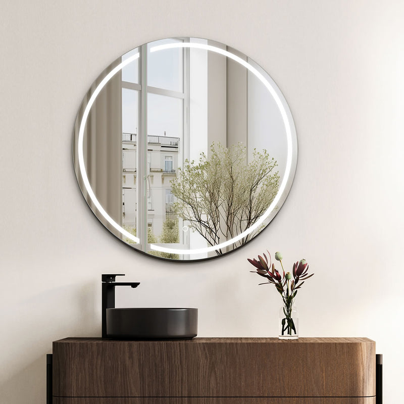 Touch sensor of the face of the mirrored door controls the lighting brightness and color change.