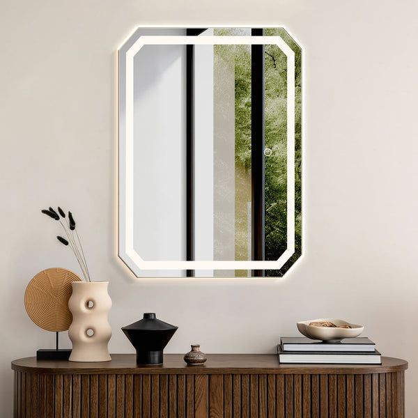 High-definition mirror glass is used with soft LED illumination.  A touch sensor controls the lighting.