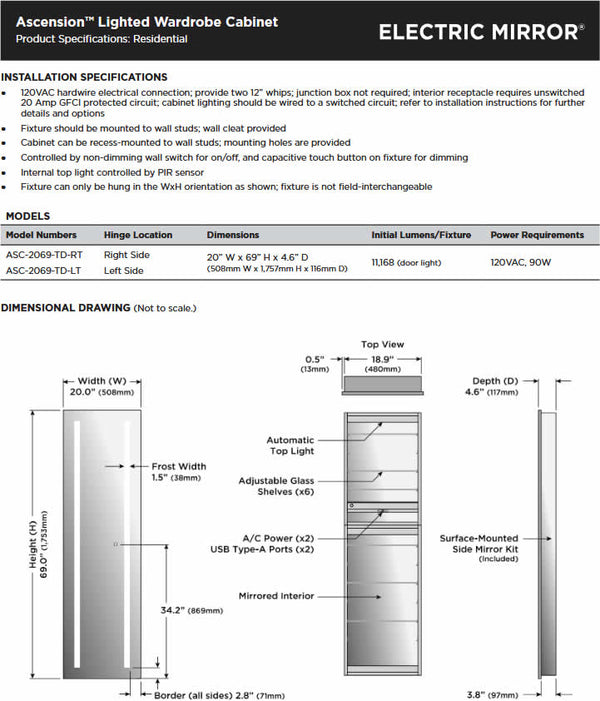 Ascencion Wardrobe/Medicine Cabinet Specifications