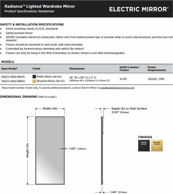Electric Mirror Radiance Wardrobe Mirror Specifications