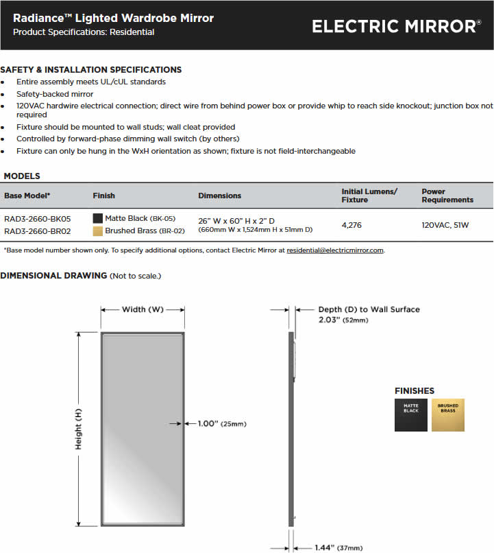 Electric Mirror Radiance Wardrobe Mirror Specifications