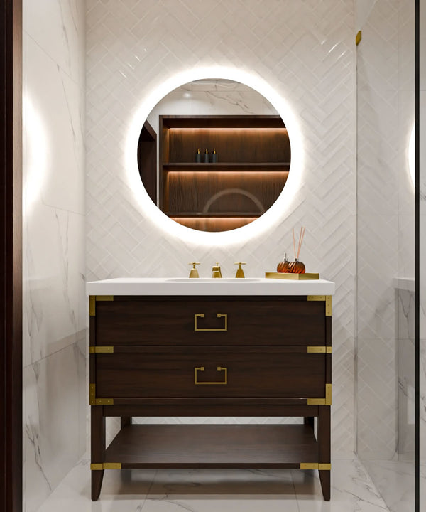 Electric Mirror Trinity LED Round Backlit Mirror has a Sleek Lighted Border and Wall Glow